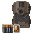 Trail camera housing with batteries and 16GB SD card, camo brown design.