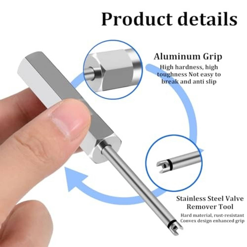 Valve core removal tool with aluminum-style grip and long metal shaft, held in hand