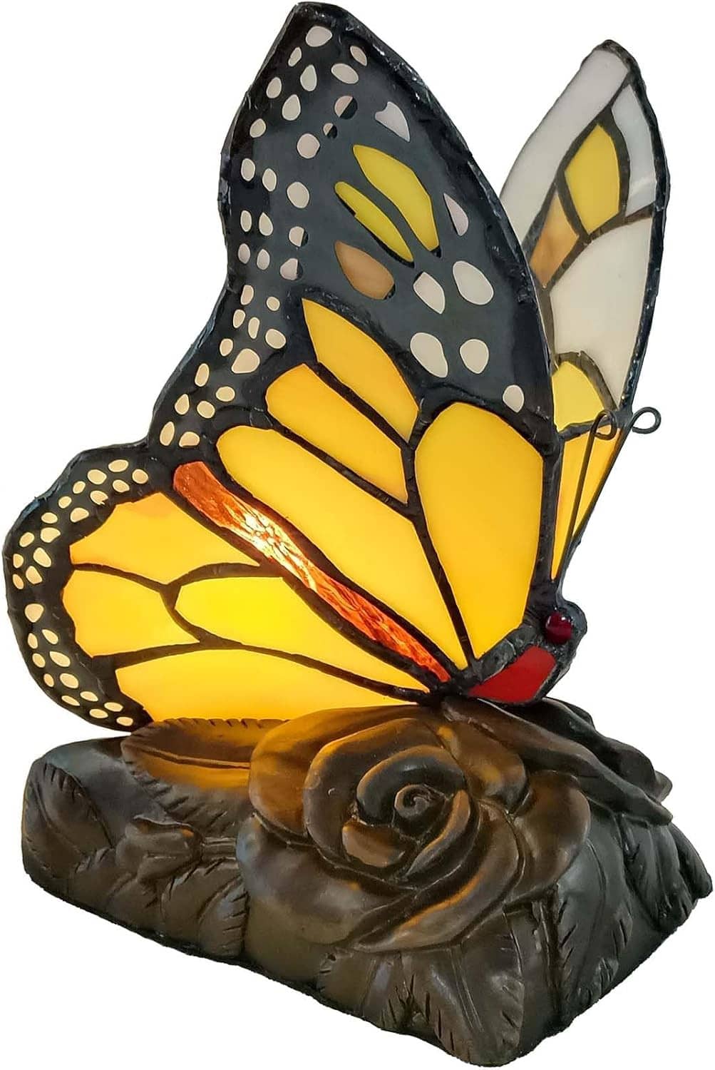 Monarch butterfly accent table lamp with yellow stained-glass wings on dark base