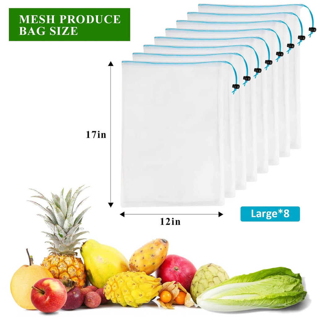 Large white mesh produce bags with blue drawstring ties, 12 x 17 in