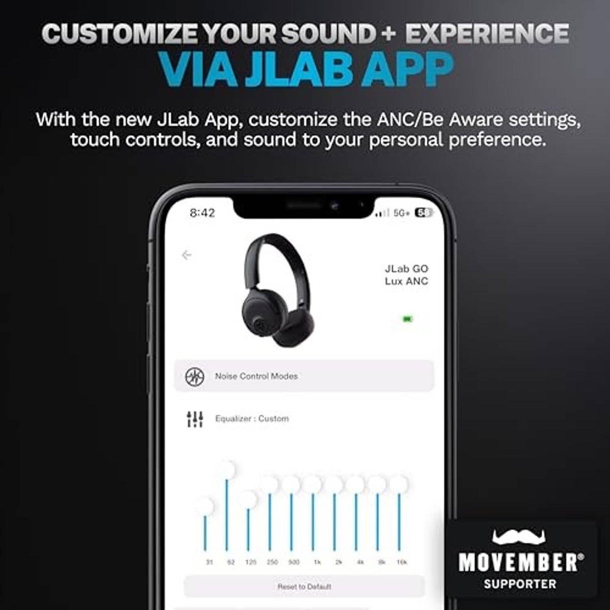 Graphite on-ear ANC headphones with JLab app settings shown on a smartphone screen.