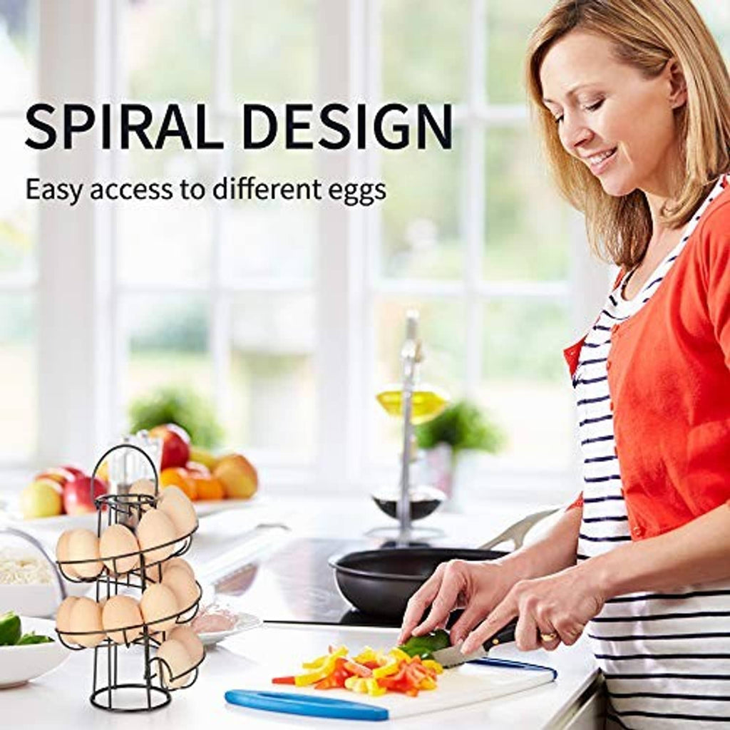 Spiral egg storage rack with wire baskets and handle, black metal, eggs inside.