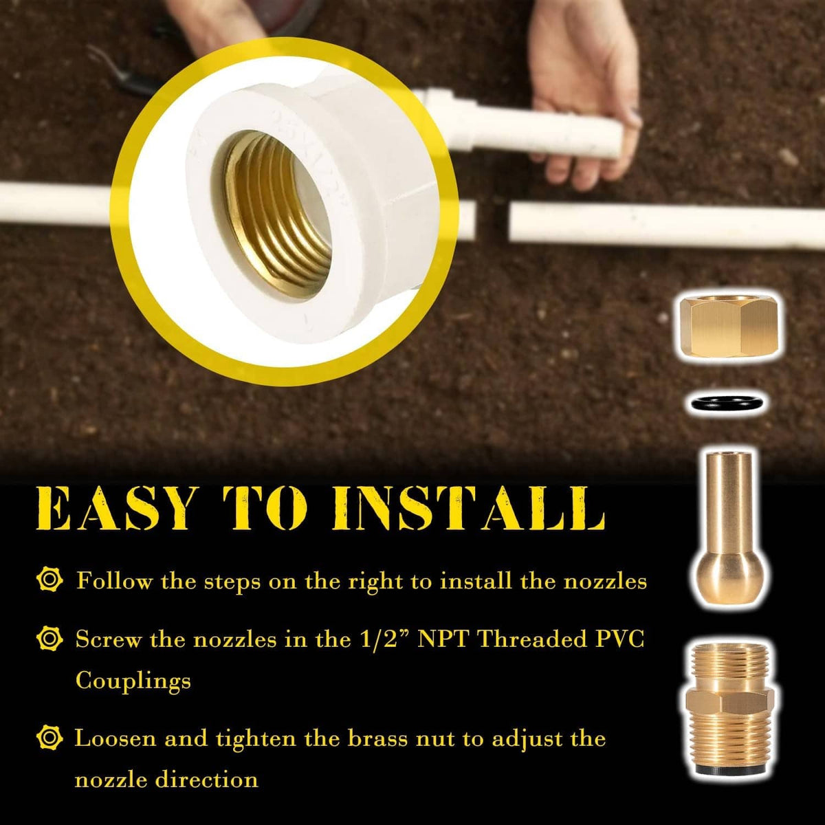 Brass nozzle replacement with threaded end and adjustable brass nut for installation