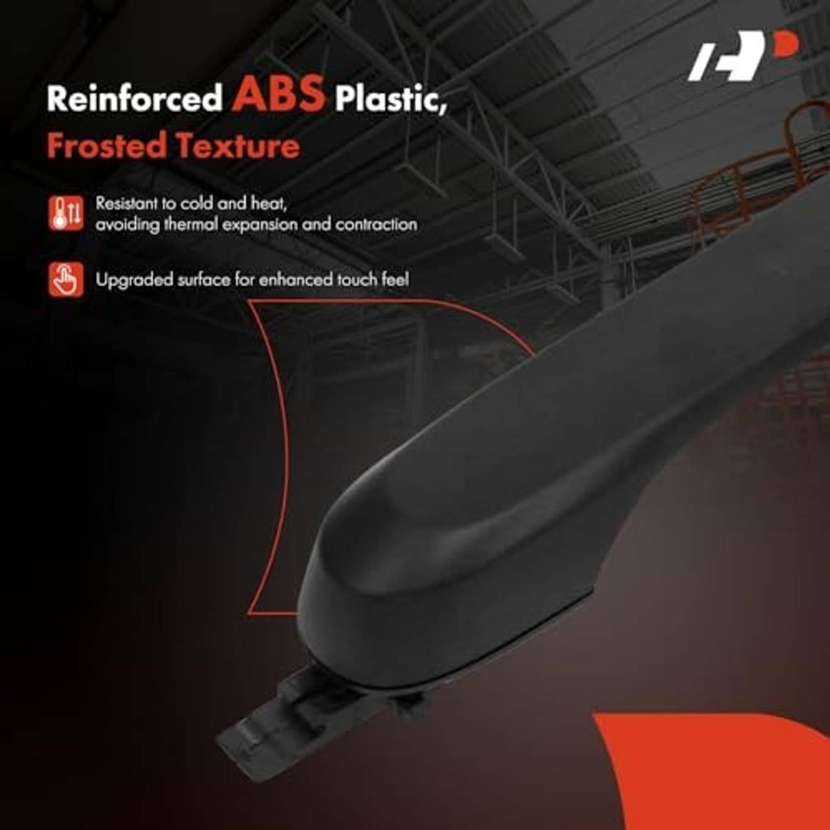 Textured black exterior door handle with frosted surface texture on close-up