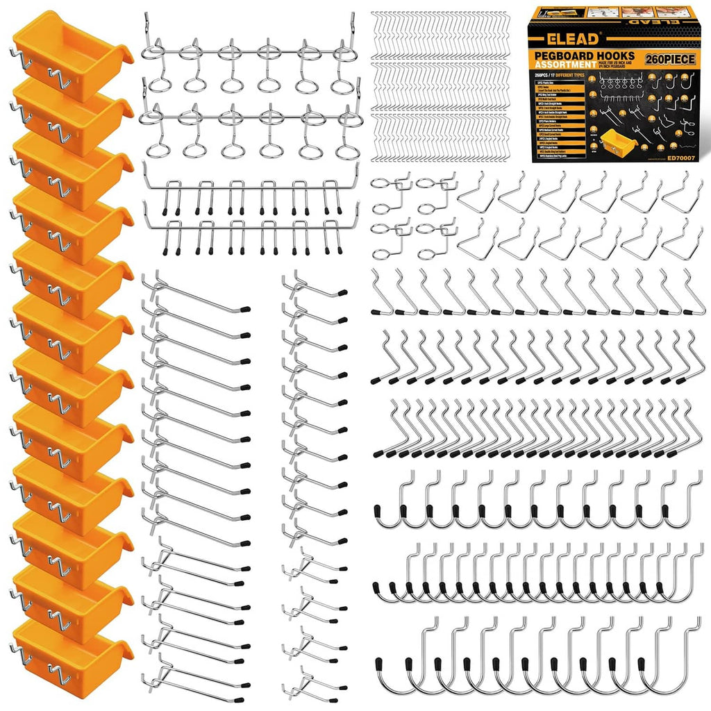 Pegboard hook assortment set with yellow clips and multiple steel hook styles
