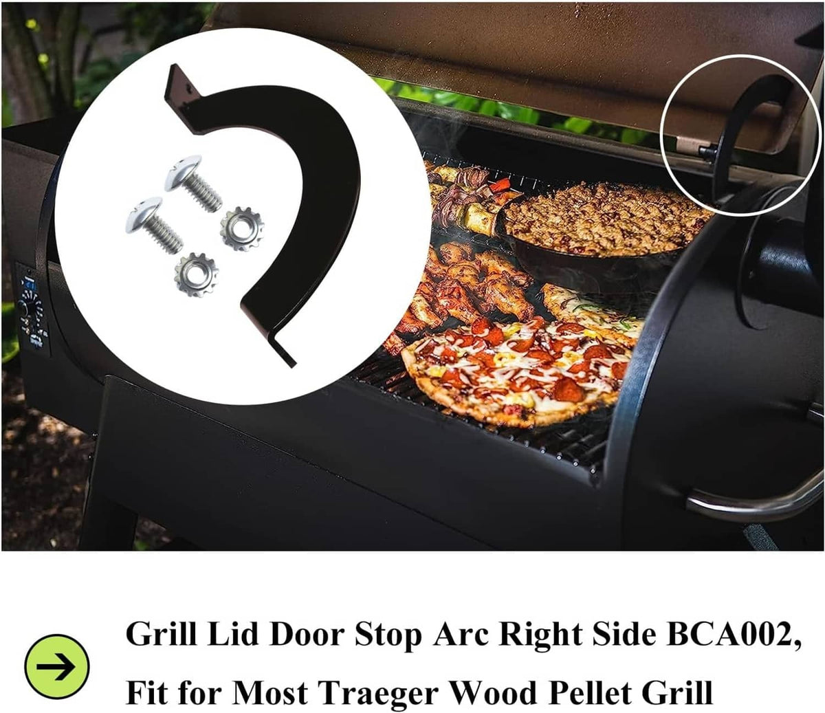 Black grill lid door stop arc right-side bracket with attached mounting screws