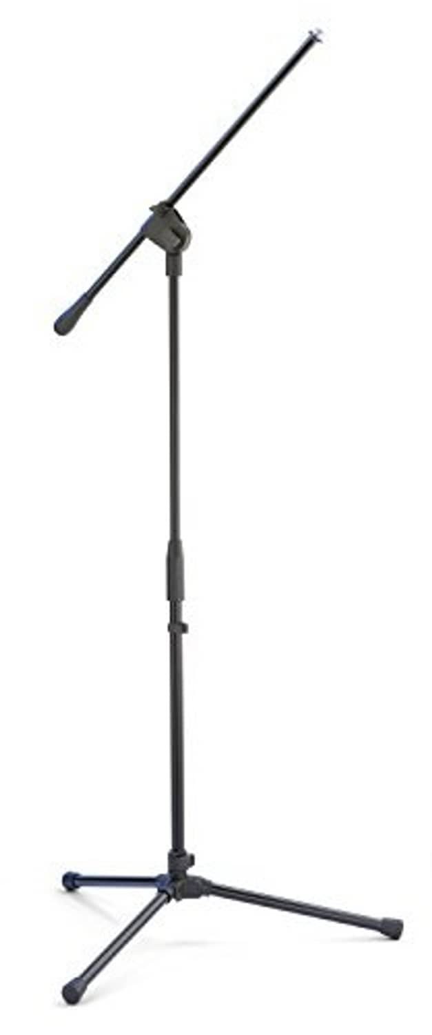 Adjustable microphone boom stand with lightweight tripod base, dark gray finish