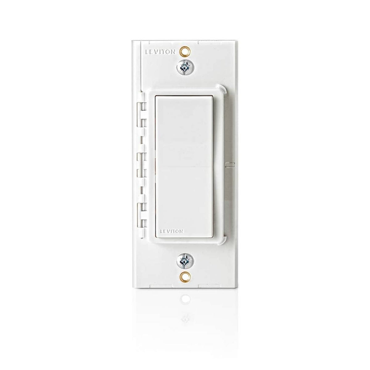 White Decora smart switch companion backplate with mounting holes and wiring terminals