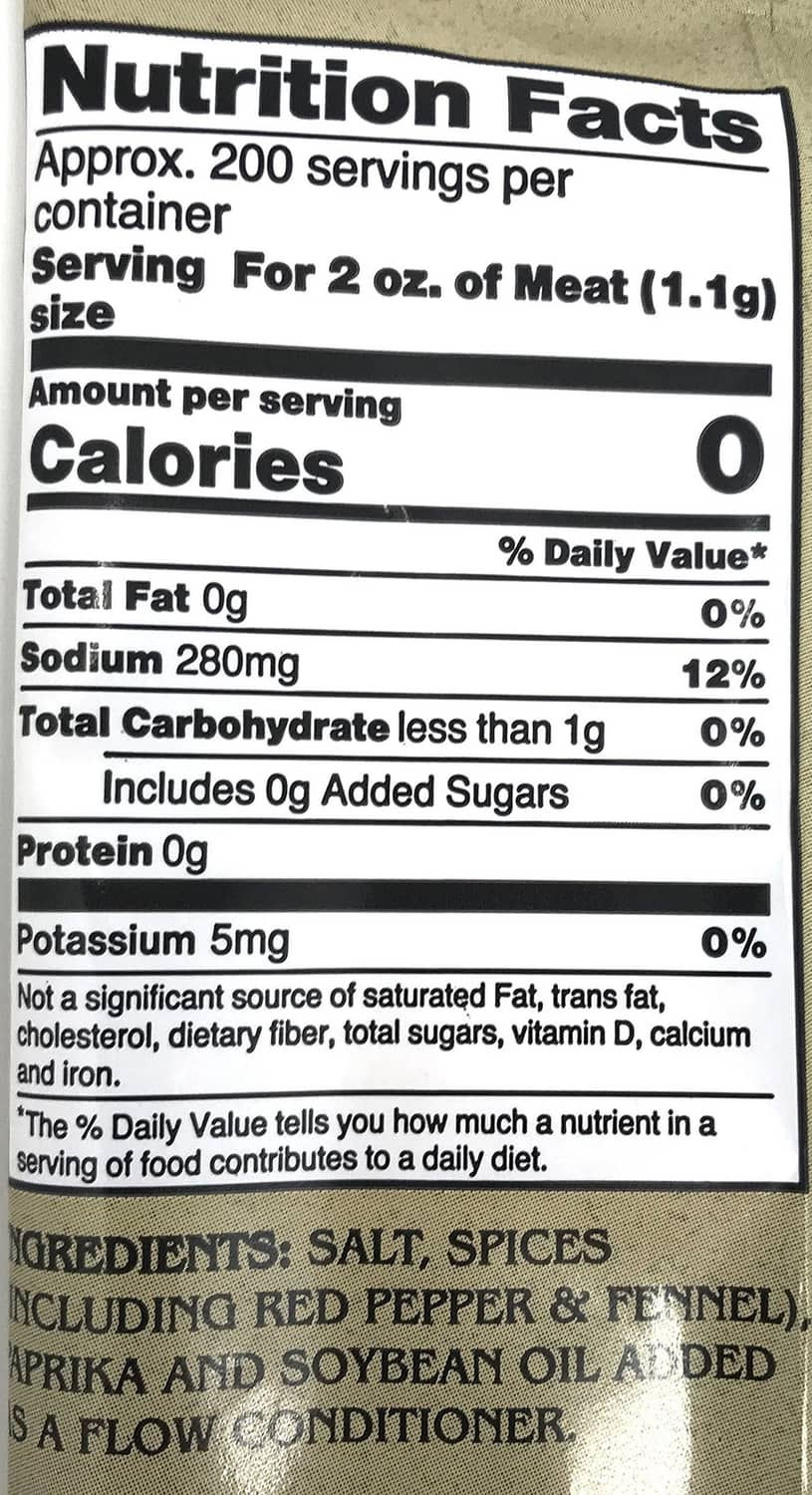 A.C. Legg's Hot Italian Sausage Seasoning Nutrition Facts and ingredient list close-up