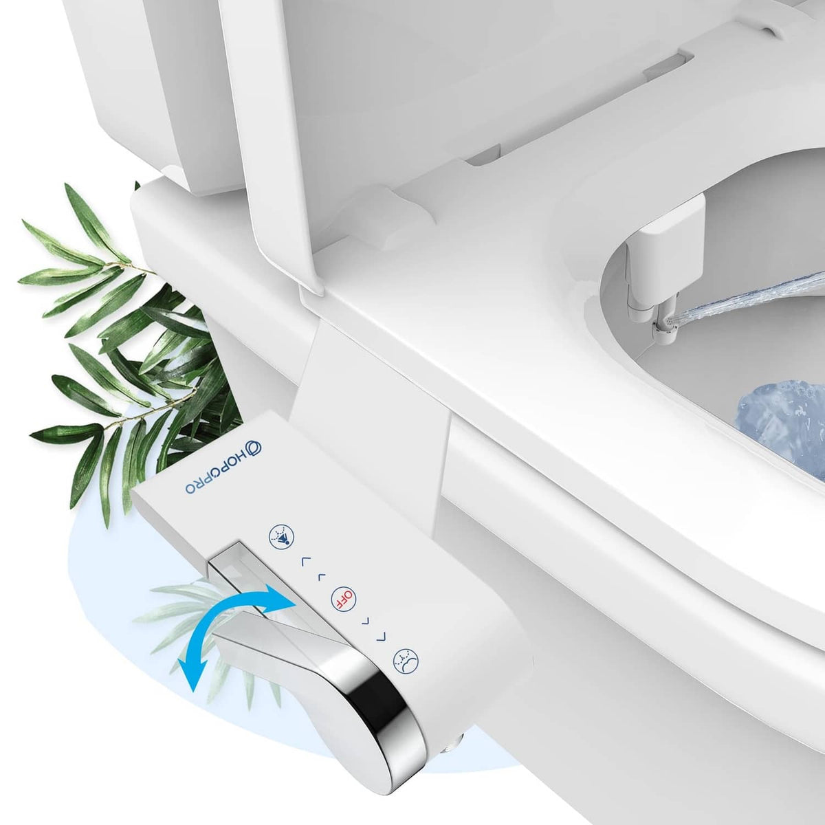 White non-electric toilet bidet attachment with front nozzle and side control panel