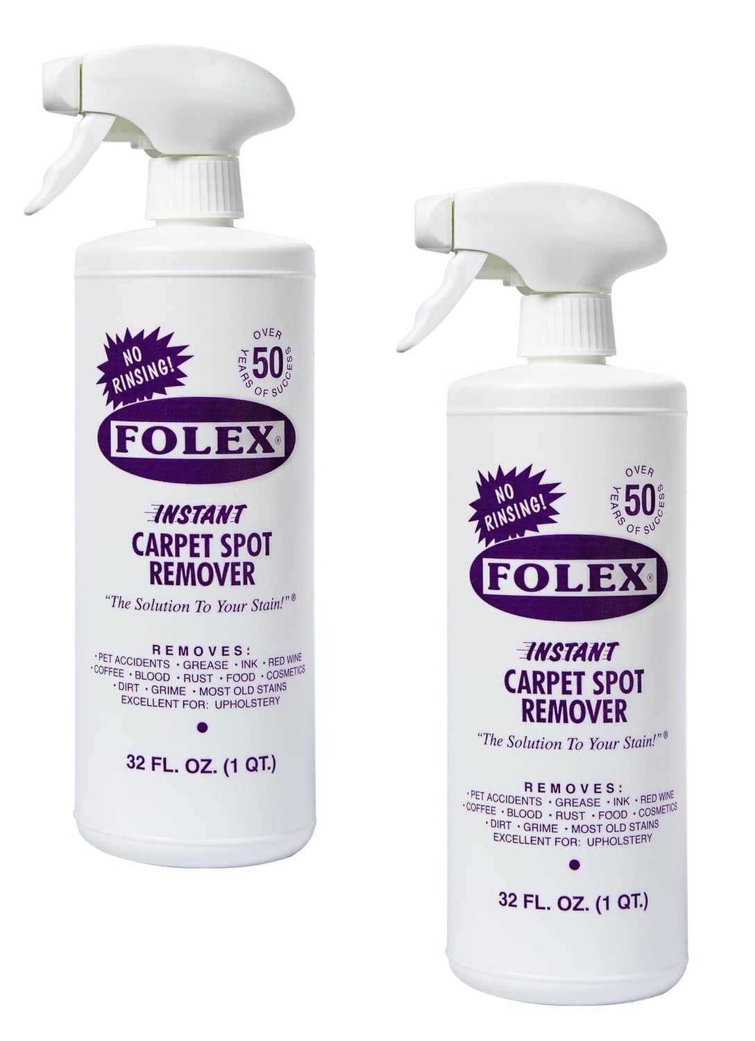 Two Folex instant carpet spot remover spray bottles, 32 fl oz each