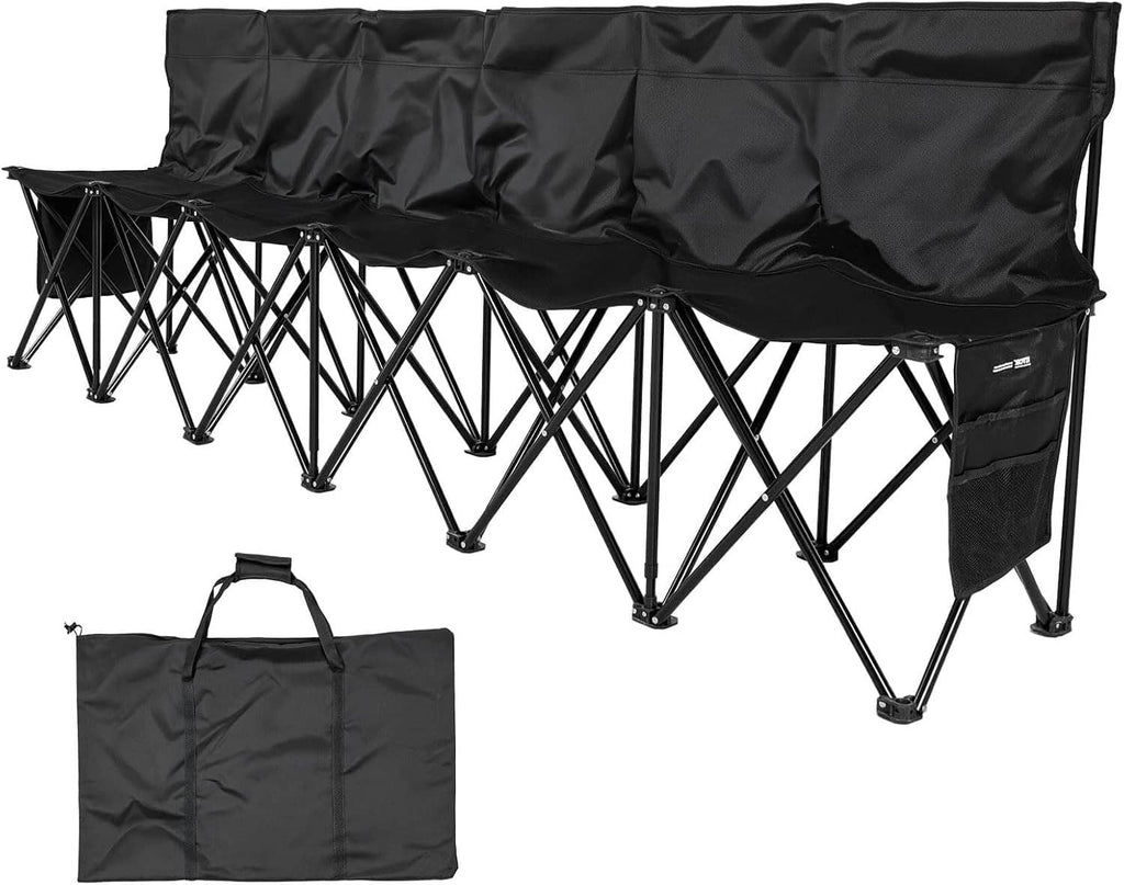 Black folding 6-seat bench with side storage pocket and matching carrying storage bag