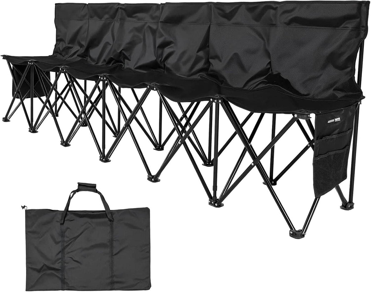 Black folding 6-seat bench with side storage pocket and matching carrying storage bag