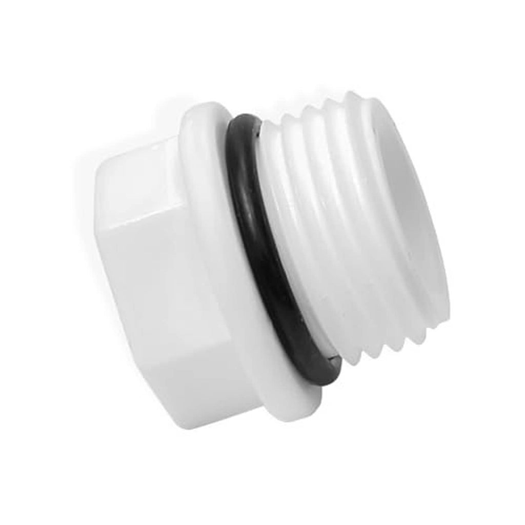 White PVC male threaded plug end cap with black gasket and ridged threads