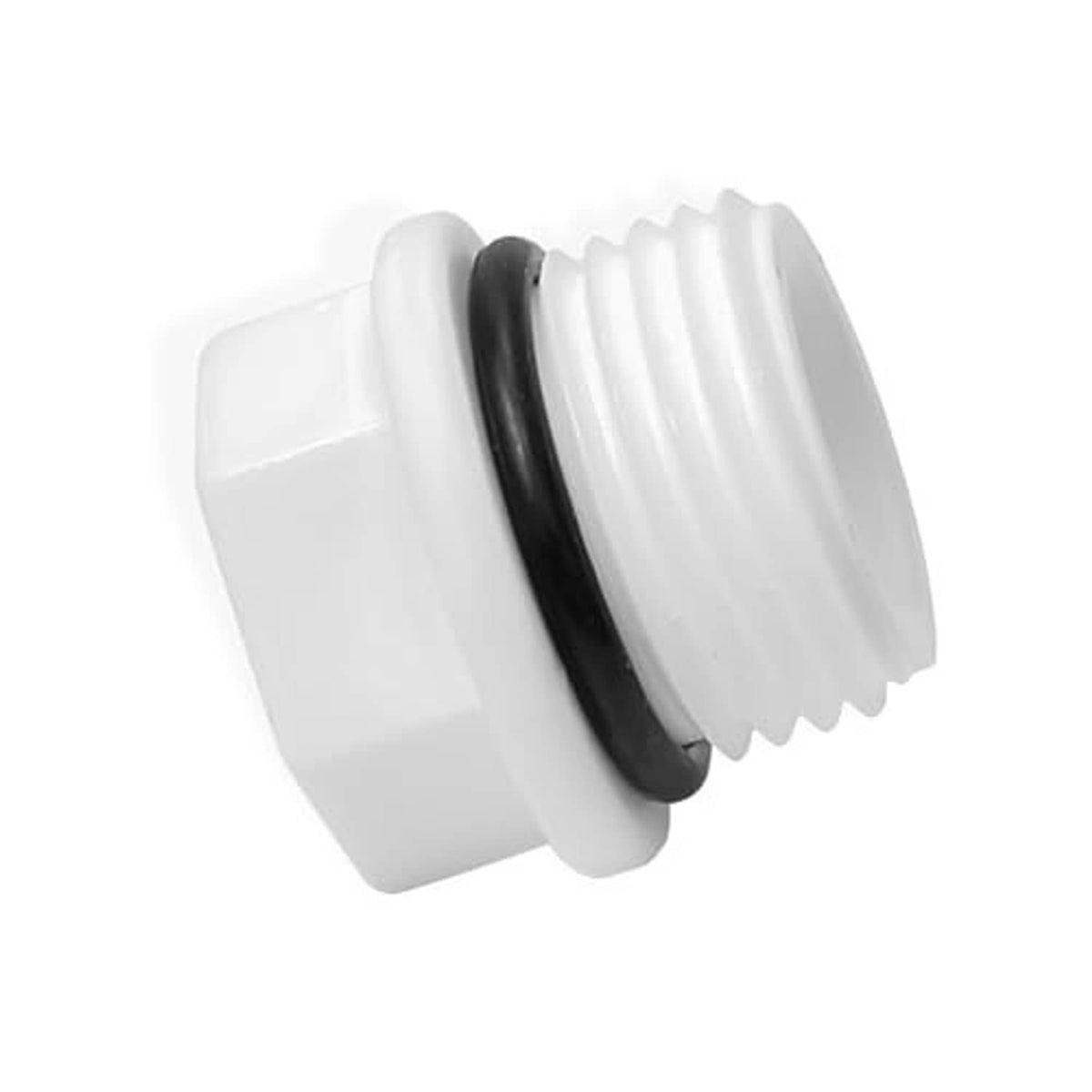 White PVC male threaded plug end cap with black gasket and ridged threads