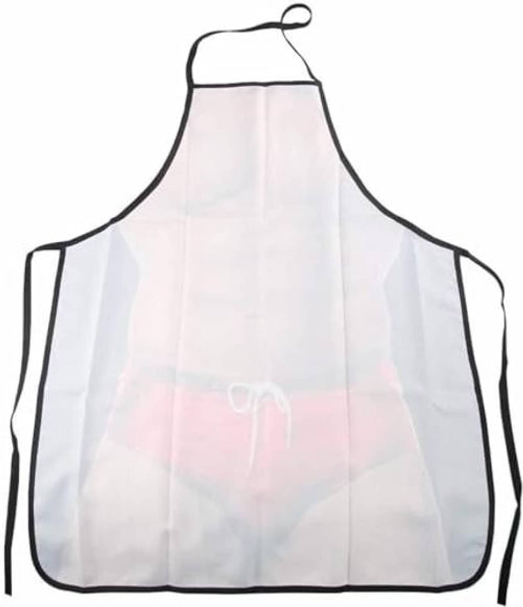 White novelty kitchen apron with blank front panel and black side ties