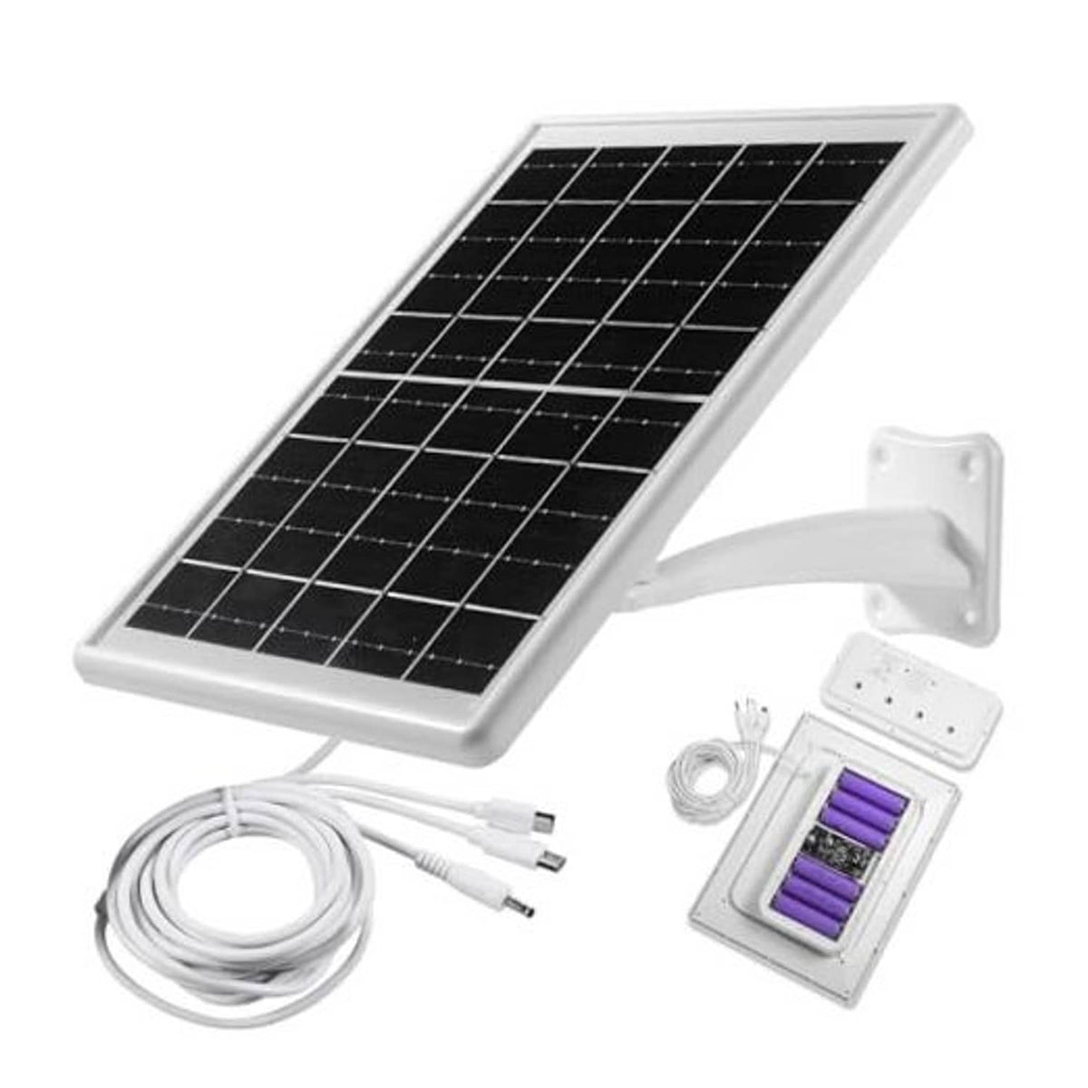 Solar panel charger with wall bracket, black solar cells, and white cable set