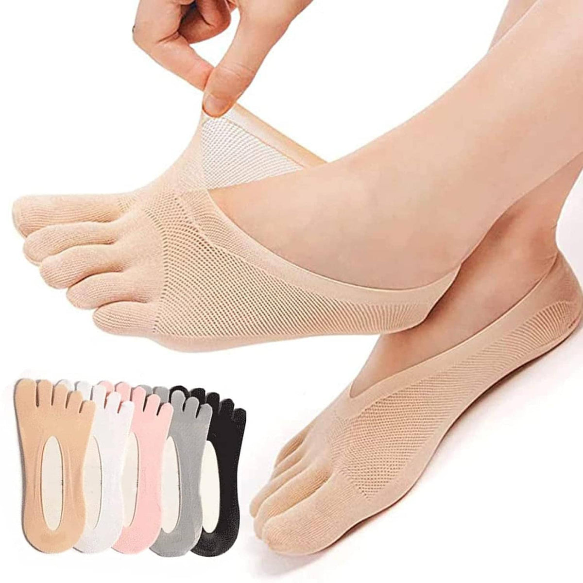 Tan toe socks, low cut five-finger style; includes five color options shown