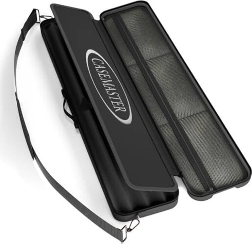 Black cue case with open lid, gray mesh pocket panel, and visible “CASTLEKIN” logo.