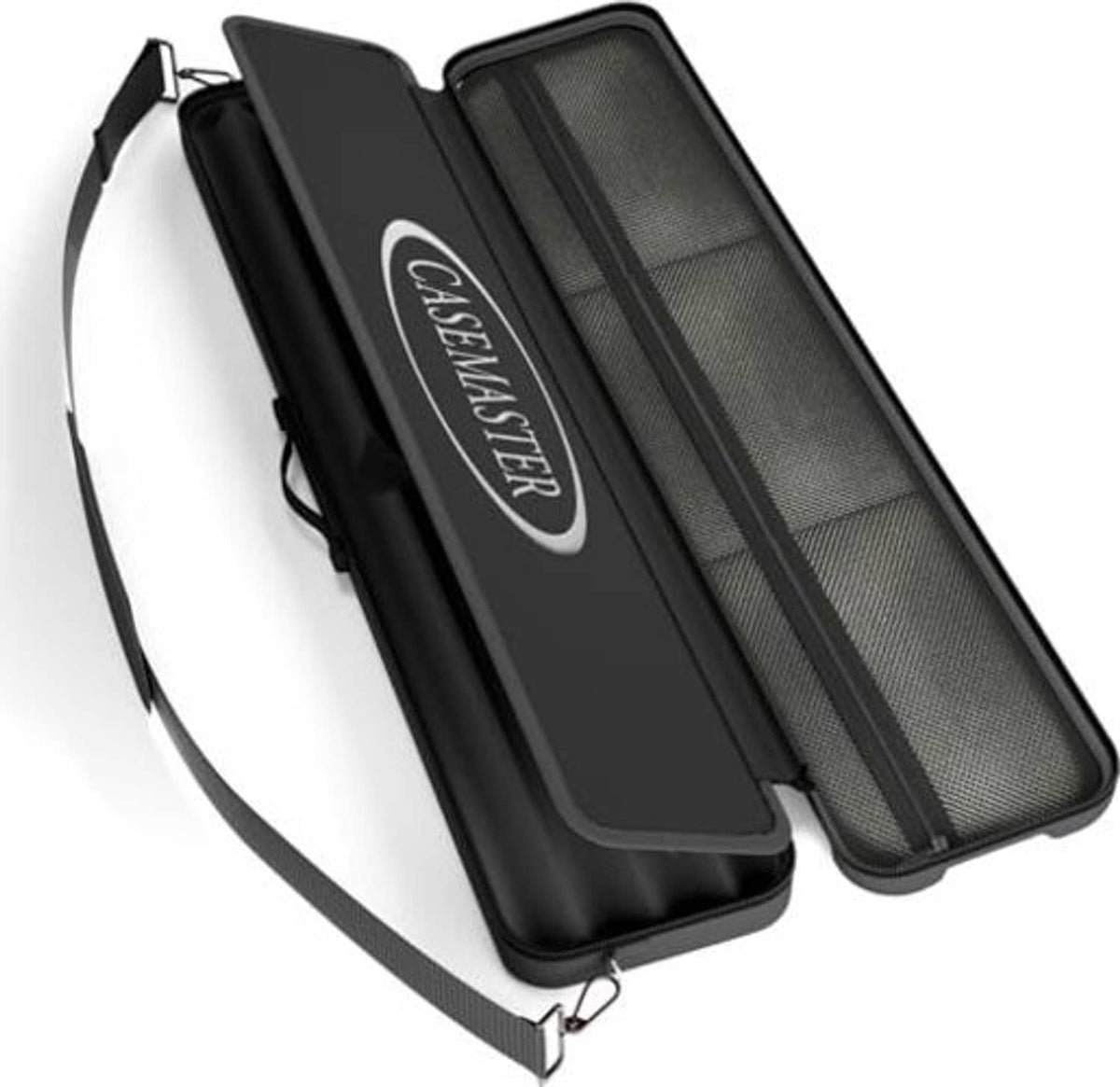 Black cue case with open lid, gray mesh pocket panel, and visible “CASTLEKIN” logo.