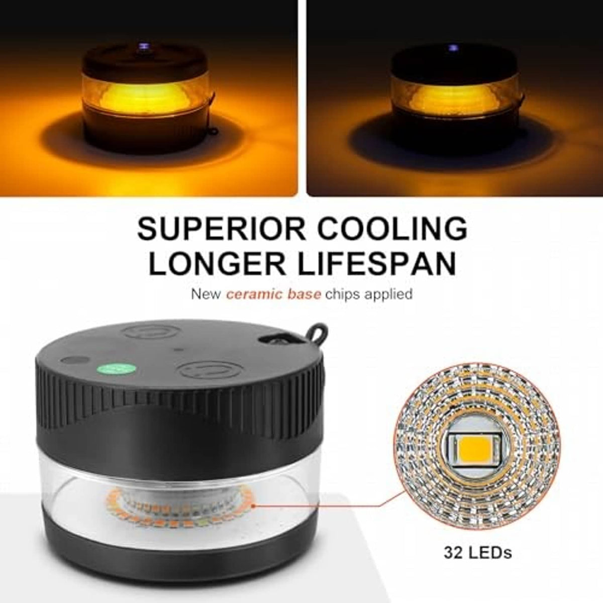 Black LED beacon light with amber lens and visible 32-LED array