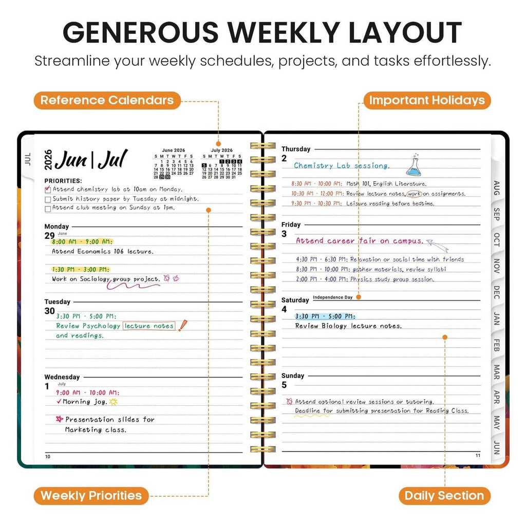 Weekly planner layout pages with daily sections, priorities, and important holidays