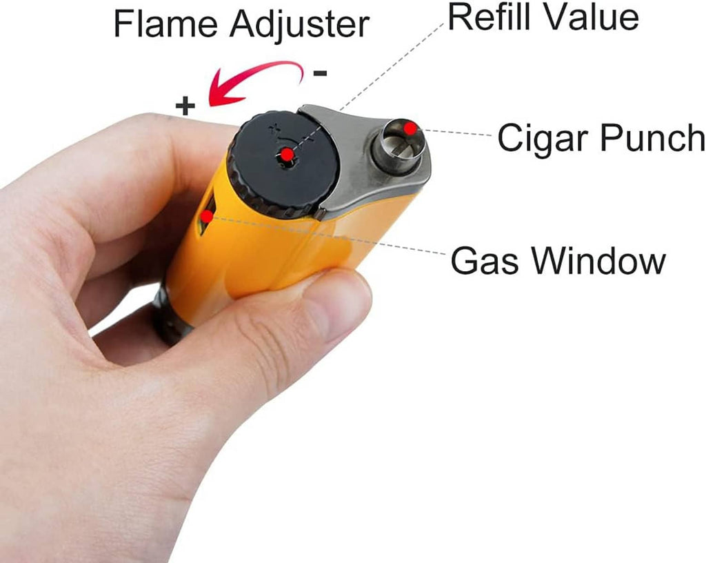 Yellow torch lighter held in hand with flame; round top control dial visible