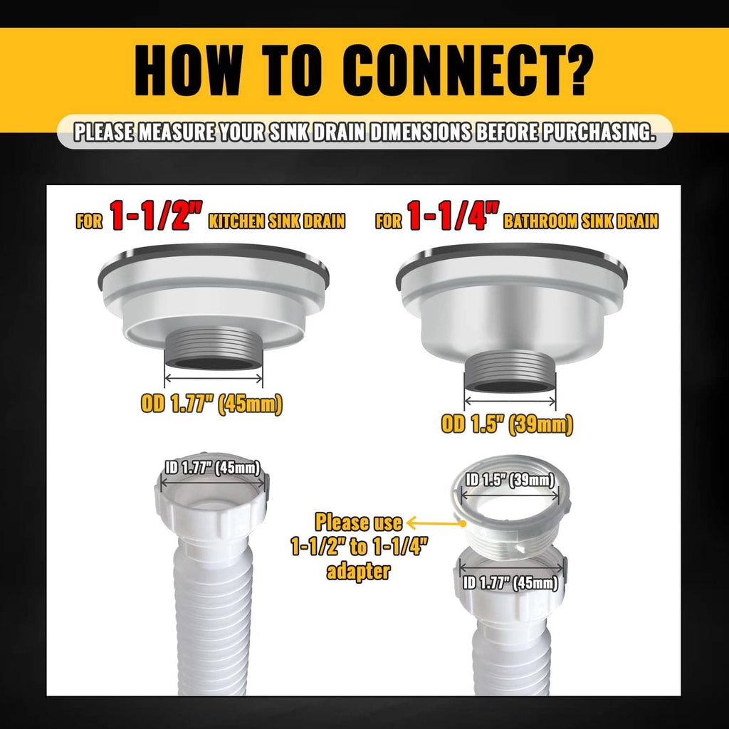 White sink drain pipe with threaded adapter for 1-1/2 in and 1-1/4 in connections