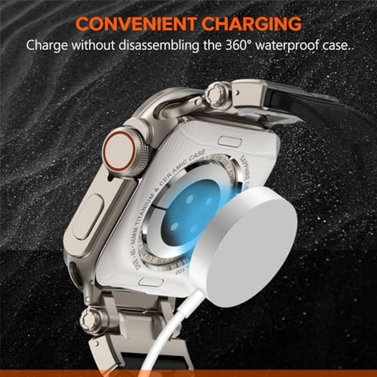 Titanium-tone 3-in-1 case with covered charging port and cable connected
