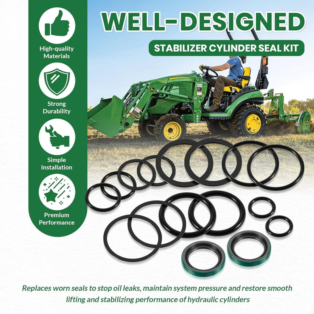 Stabilizer cylinder seal kit with multiple black O-rings and two green seal rings