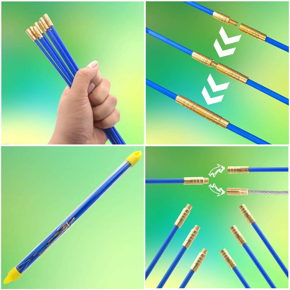 Fiberglass cable puller rods held in hand with brass joints and gray mesh leads