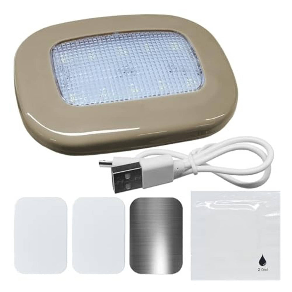 Beige rechargeable dome light kit with LED panel, USB cable, and magnetic mounting pieces