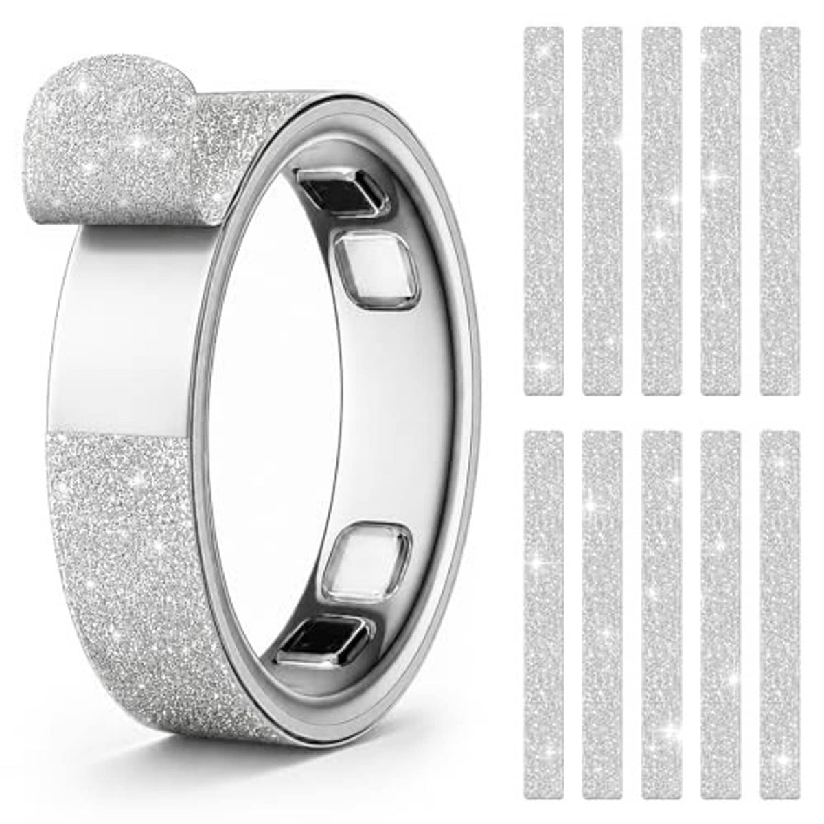 Ultra-thin bling silver ring skin cover for Oura Ring Gen 5, size 10, curved glitter view