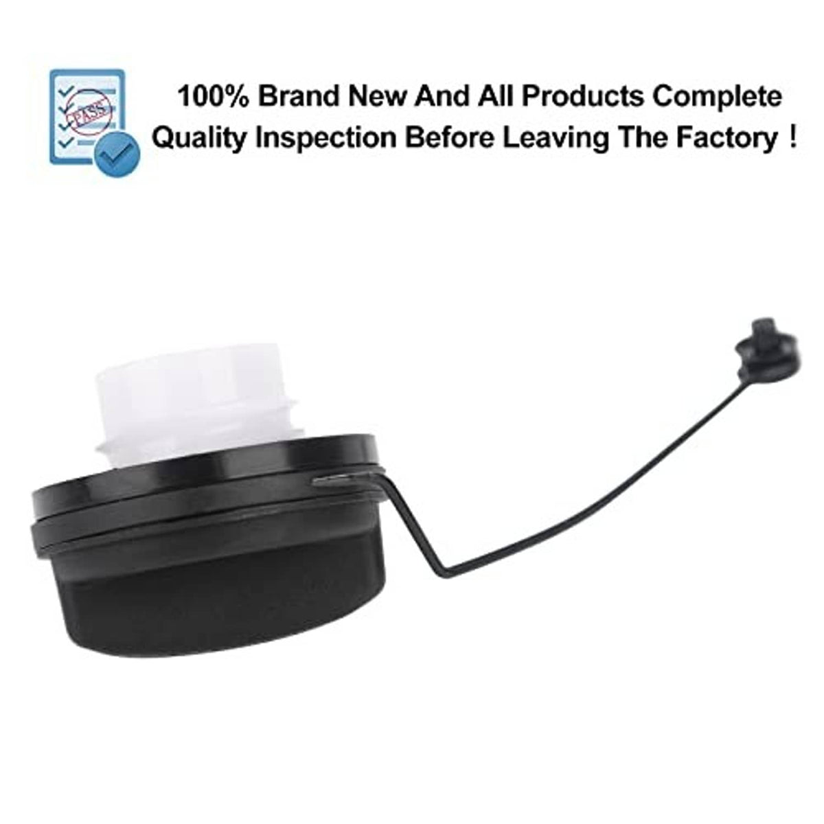 Fuel tank filler cap with white insert, black housing, and tether cord