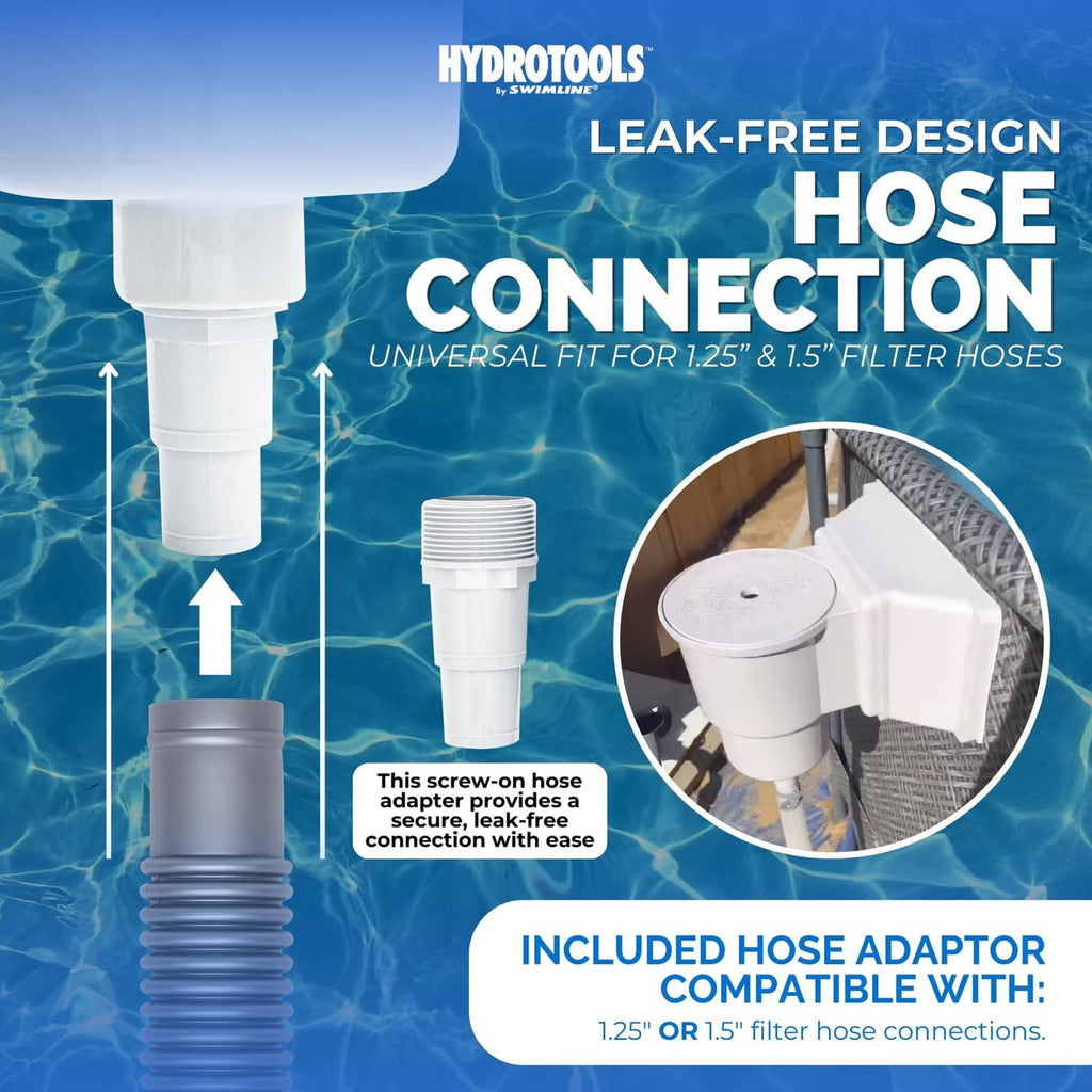 White skimmer hose connection adapter with universal hose interface