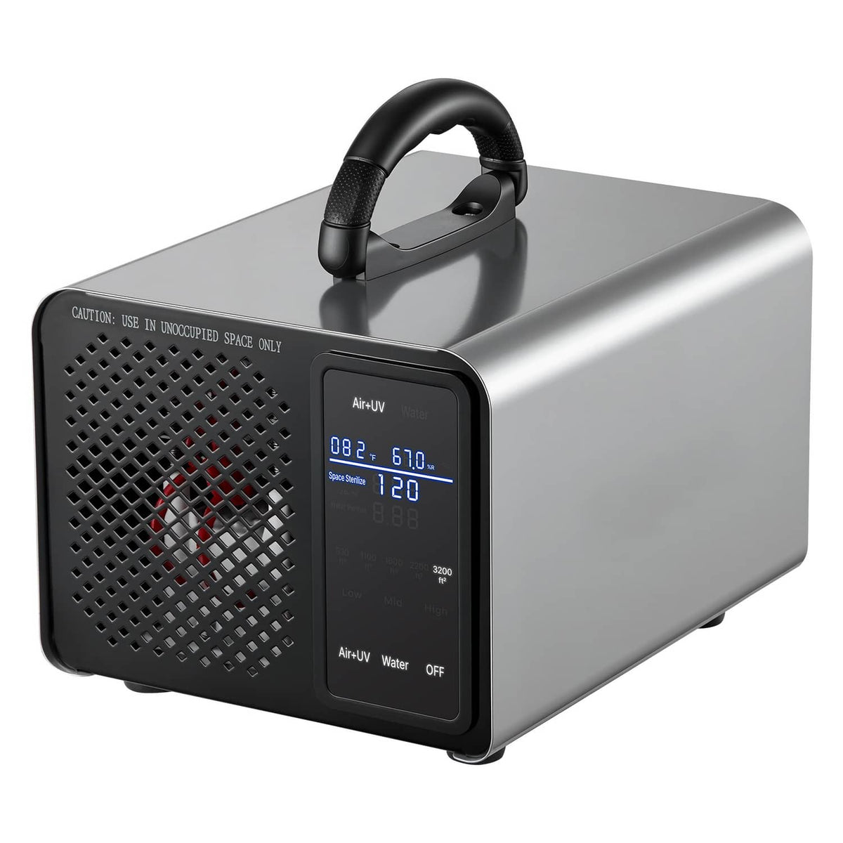 Silver ozone generator machine with black handle and touchscreen display