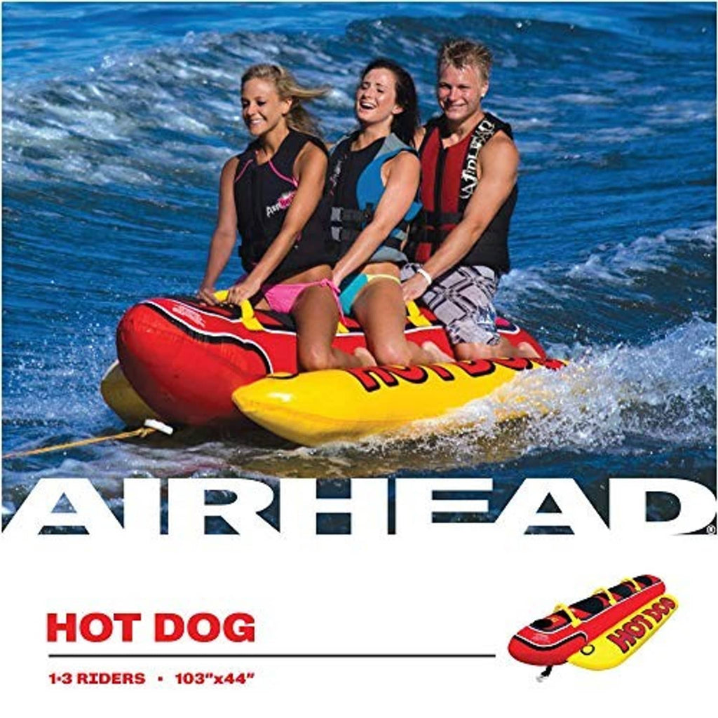 Red and yellow Airhead Hot Dog towable tube carrying riders on the water