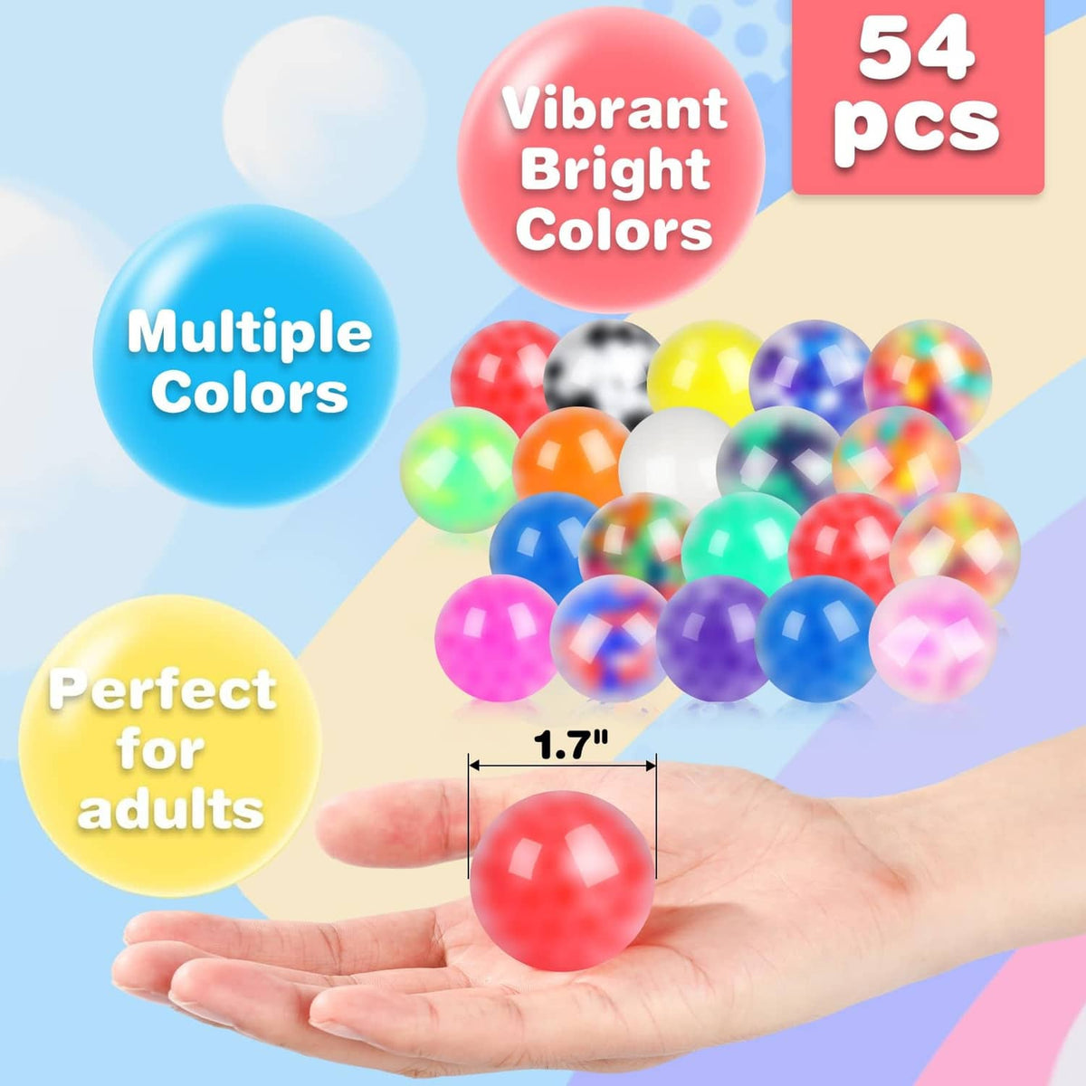 Hand holding a red squishy stress ball from a set of multicolor balls