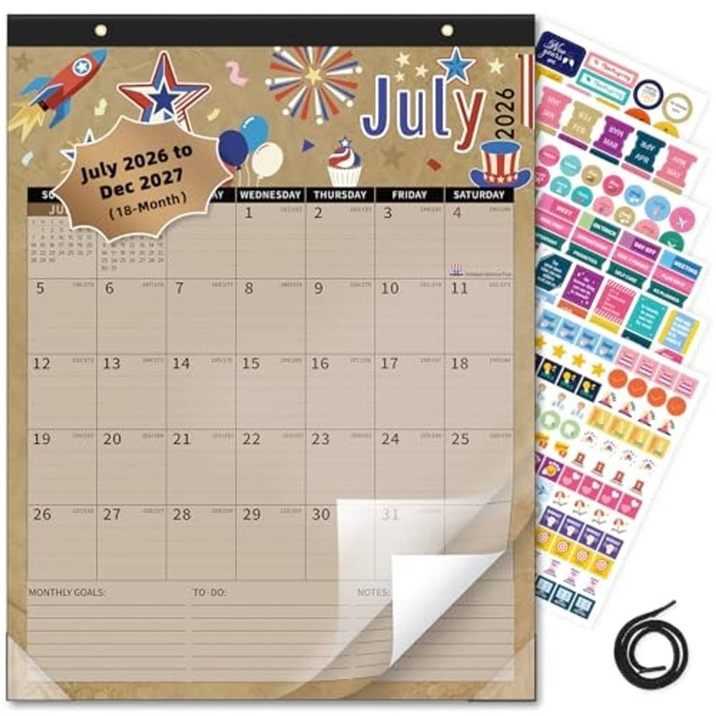 July 2026 to Dec 2027 calendar page with included hanging loops and sticker sheet