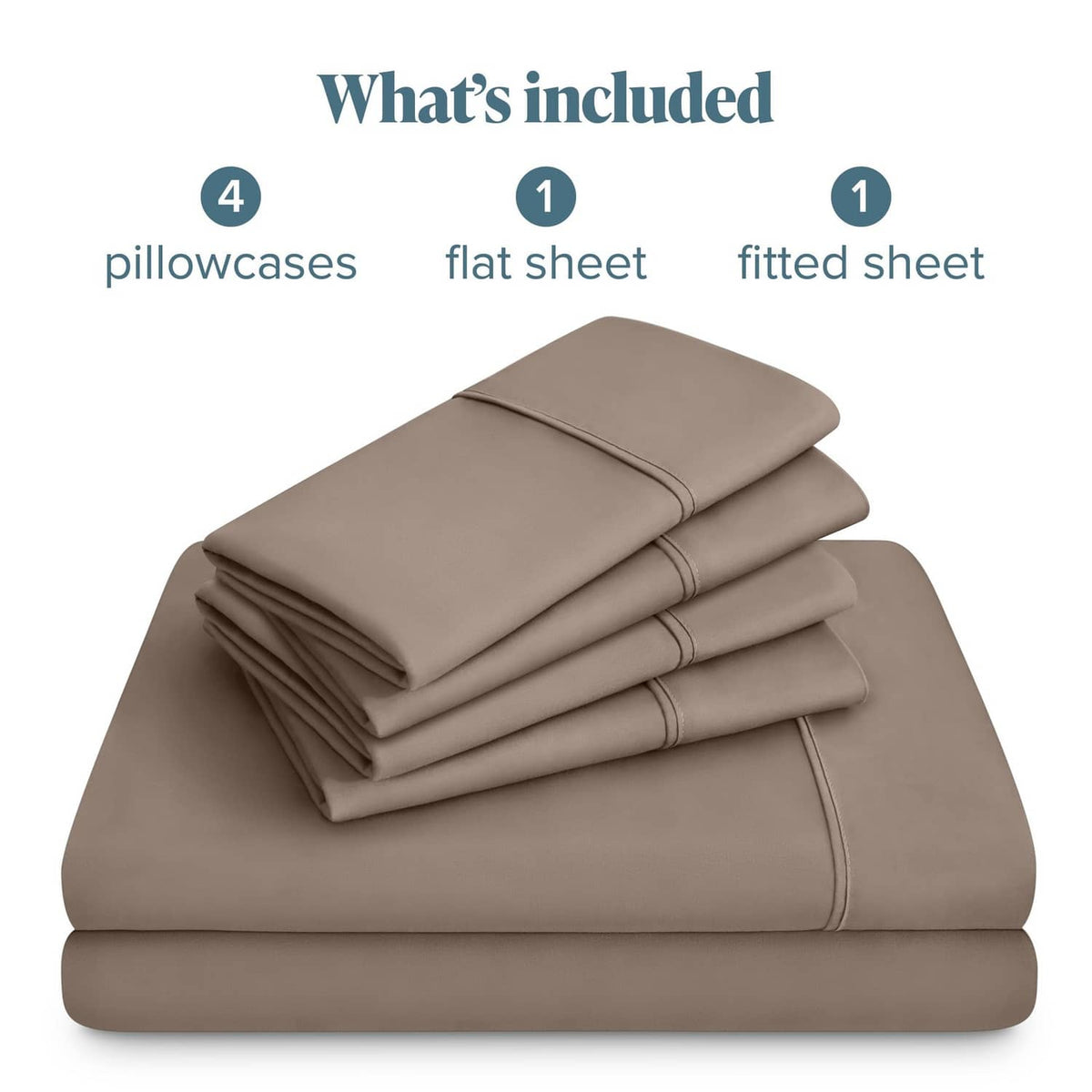 Taupe microfiber sheet set stack: includes four pillowcases plus flat and fitted sheets.