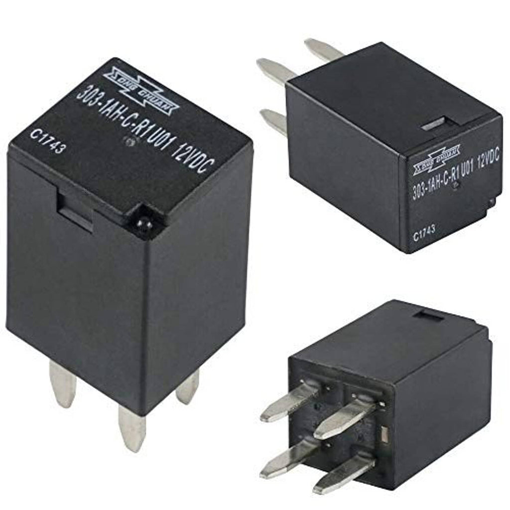 Black rectangular cooling fan relay, top label and side view with 4 metal prong terminals.