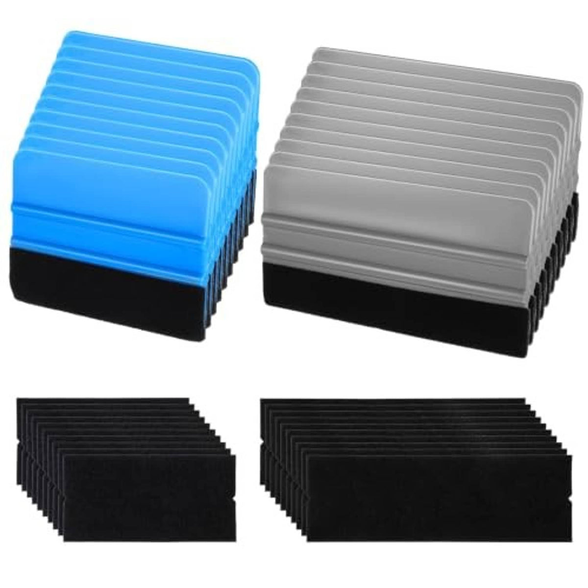 Felt squeegee set with stacked blue and gray top handles and black felt scrapers