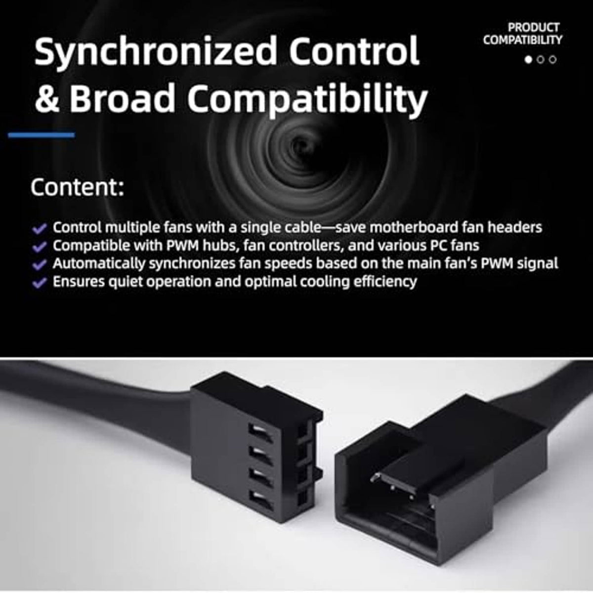 Black PWM fan splitter cable with dual 4-pin plugs and a header connector