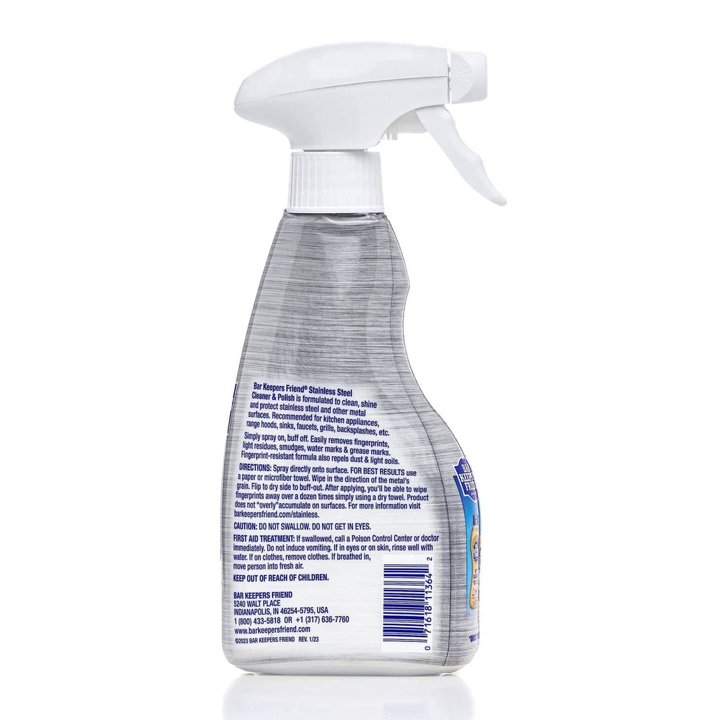 Stainless steel cleaner and polish bottle with spray nozzle, barcode label