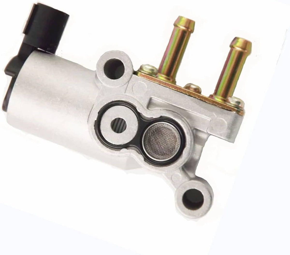 Idle Air Control Valve with black sensor seal and silver body with two top ports