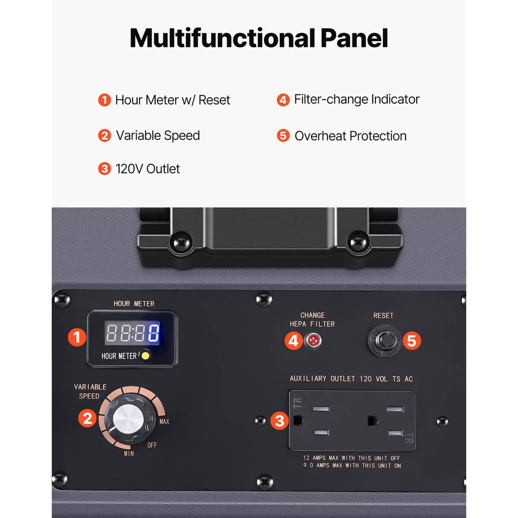 Multifunction control panel on gray HEPA negative air machine with hour meter