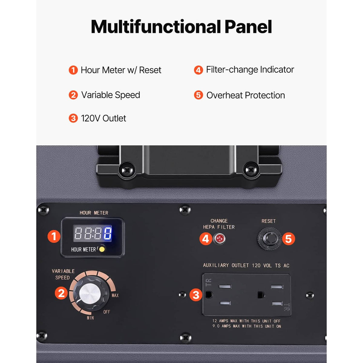 Multifunction control panel on gray HEPA negative air machine with hour meter