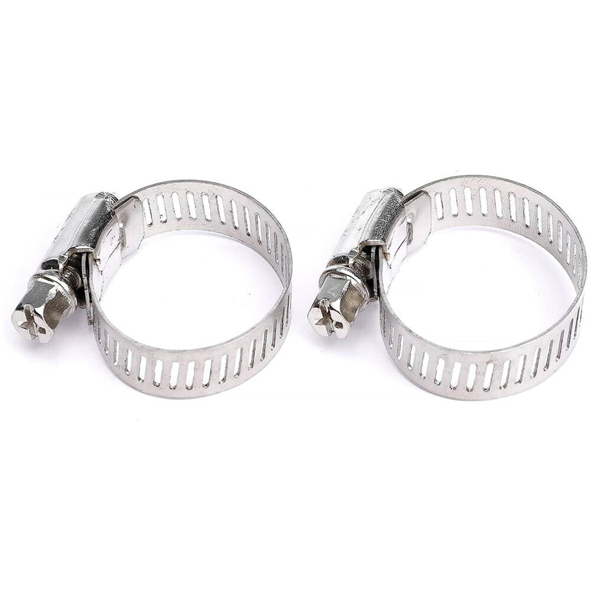 Two silver metal hose clamps with screw bands, no hose attached
