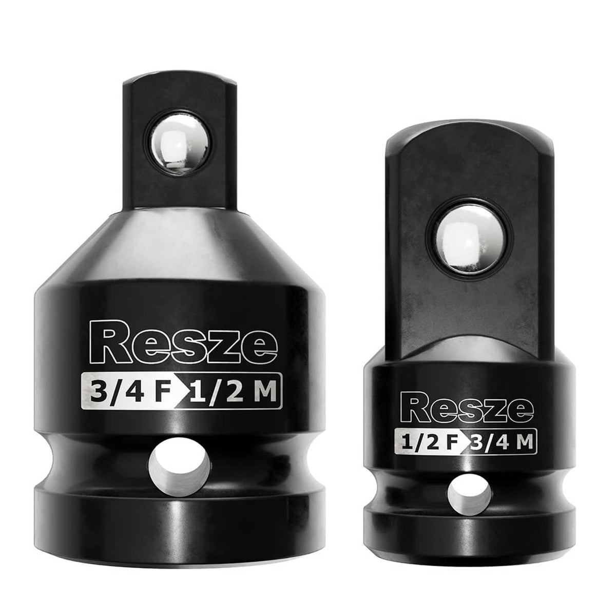 Black impact socket adapter set with 3/4F to 1/2M and 1/2F to 3/4M reducers