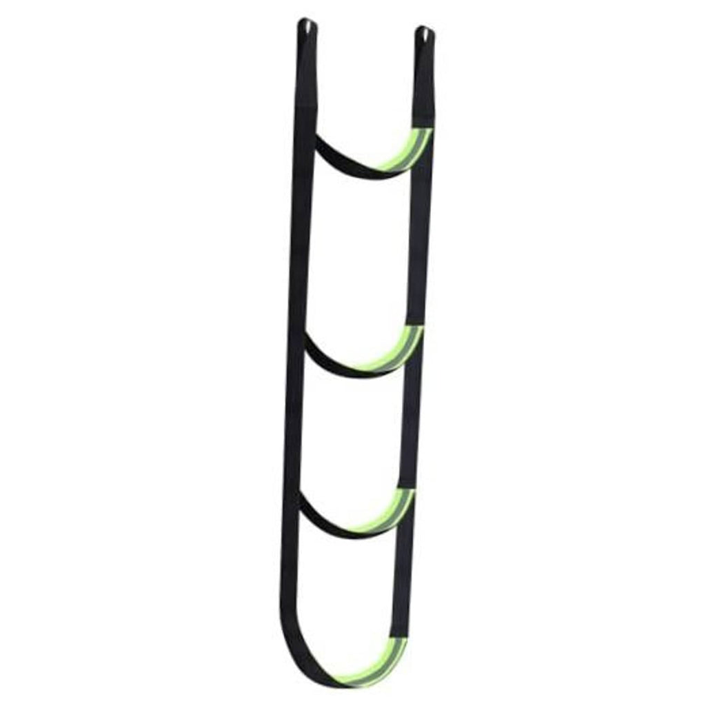 Climbing aider with multiple U-shaped foot steps, black straps, neon-green edging.